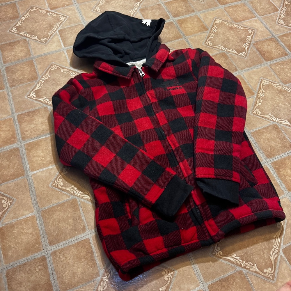 Roots Red Buffalo Plaid Sherpa Hooded Jacket Kids XXL Fits Women’s Small